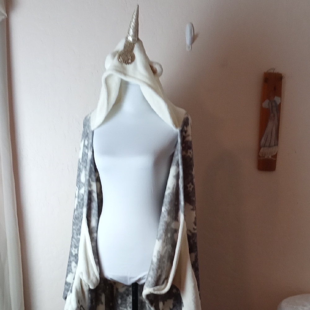 Justice Cream and Gray Hooded Poncho With Attached Mittens